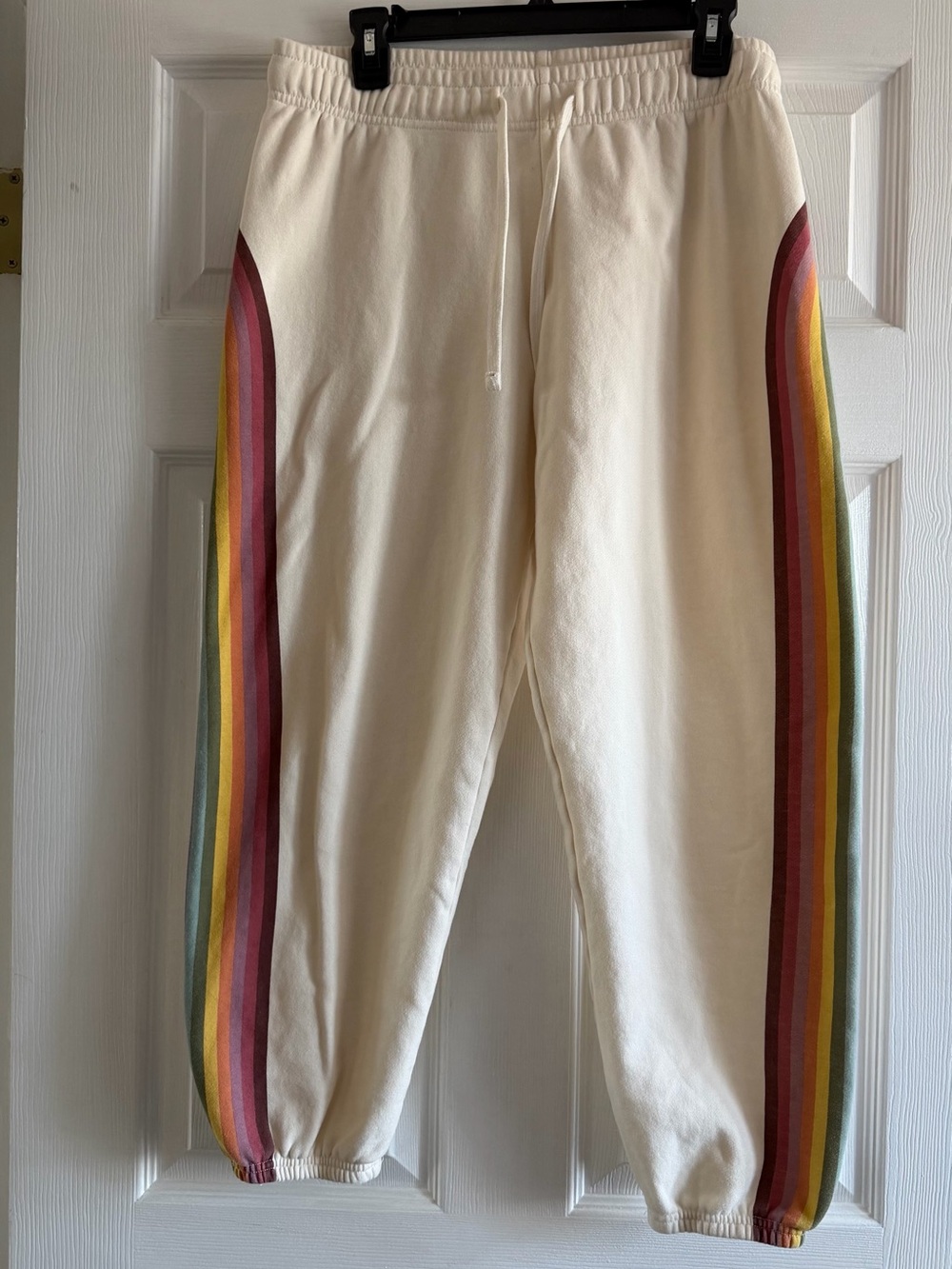 Marine Layer Cream Joggers sweatpants with Rainbow Side Stripes
